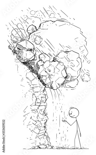Vector cartoon stick figure drawing conceptual illustration of man or businessman playing with small falling stones ignoring avalanche of rocks falling on him. Concept of approaching financial crisis.