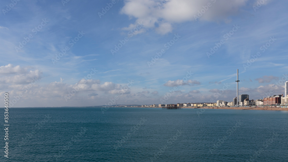 The Brighton seafront and the British Airways i360 from Brighton Palace Pier, Brighton, England