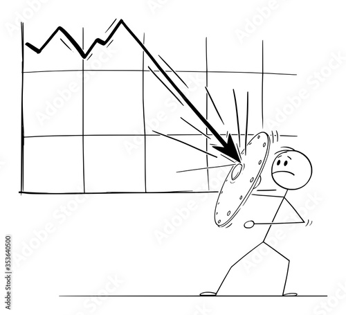 Vector cartoon stick figure drawing conceptual illustration of man or businessman using shield to resist the declining economic or financial graph. Concept of recession or crisis.