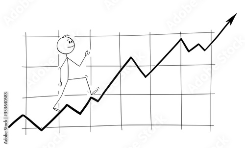 Vector cartoon stick figure drawing conceptual illustration of man, investor or businessman happily walking on rising or growing financial graph, stock market or economic concept.