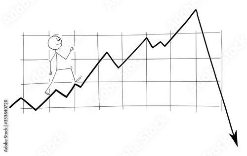 Vector cartoon stick figure drawing conceptual illustration of man, investor or businessman happily walking on rising or growing financial graph, ignoring incoming crisis or recession.
