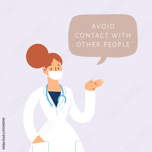 Female medicine worker with speech bubble, coronavirus pandemic disease COVID-19 quarantine concept. Doctor in face mask informing about self protective measures, treatment and prevention. Stay home
