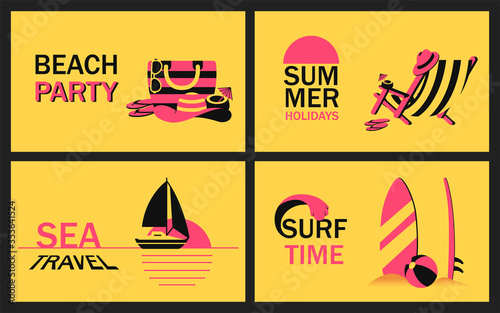 Set summer banner with beach accessory, deckchair, sailboat in ocean at sunset and surfboard in sand in simplified style. Vector modern poster for beach party
