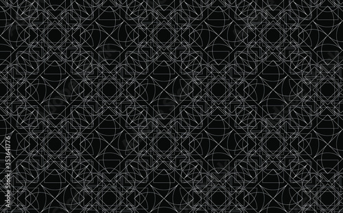 White complex outline of interconnecting lines and curved squares makes an intricate repeating pattern on a black background, vector illustration geometric design