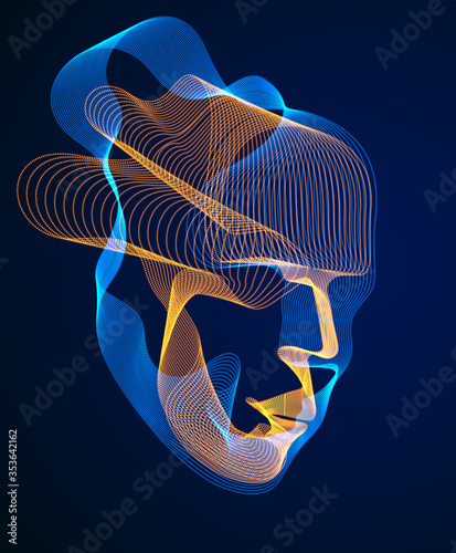 Digital soul of machine, Artificial Intelligence software visualization of human head made of dotted particles flowing wave lines array. Technical era period of evolution.