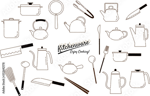 台所用品　調理器具　手書き風の線画　イラストセット
