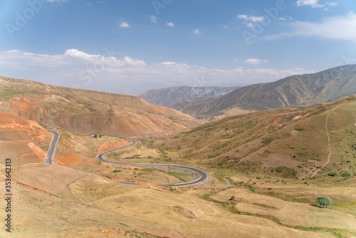 The amazing wild view of kyrgyzstan landscape full of snow peaks and wilderness photo