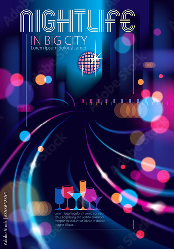 Abstract urban night light bokeh defocused background. Effect vector beautiful background. Blur colorful dark background with cityscape, buildings silhouettes skyline. 