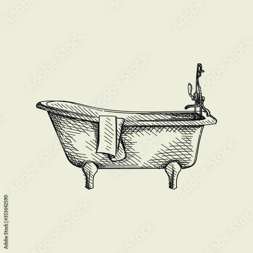 Hand-drawn sketch of old-fashioned bathtub on a white background. Bathroom appliances. Bathroom equipment