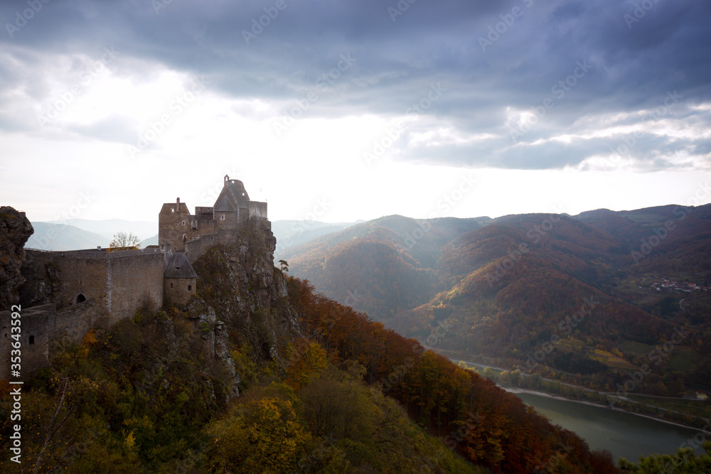 evening view of Aggstein castle ruins