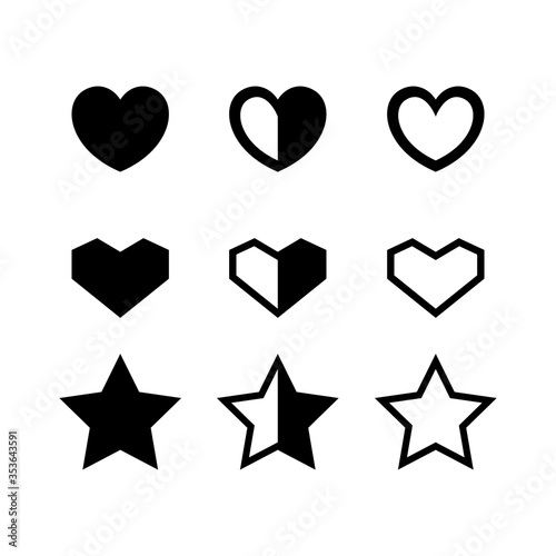 icon heart star shape set isolated on white, black heart and star shape element for decoration, sign bullet heart and star flat shape, collection heart and star frame