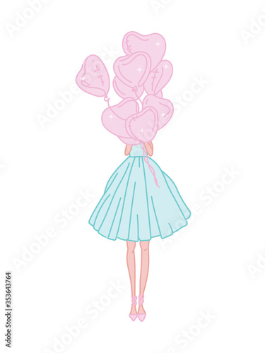Sweet girl with pink balloon in the shape of a heart. Stylish young woman in azure dress. Pastel illustration for holiday, party, wedding, birthday. Flat design, for card, banner, poster, invitation.