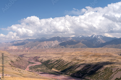 The amazing wild view of kyrgyzstan landscape full of snow peaks and wilderness