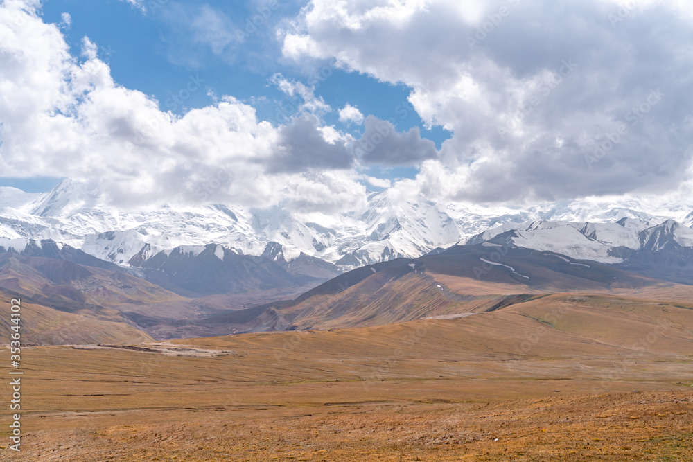 The amazing wild view of kyrgyzstan landscape full of snow peaks and wilderness The amazing wild view of kyrgyzstan landscape full of snow peaks and wilderness