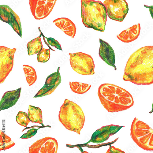 Fototapeta Naklejka Na Ścianę i Meble -  Summer seamless fruit bright pattern with green leaves, slices and halves of oranges, lemons painted with oil pastel. Everything is hand-drawn for fabrics, paper, invitations and decor.