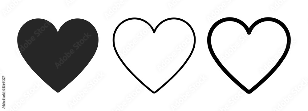 Heart icon in 3 types. Heart illustration.