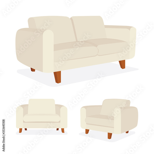Modern sofa and armchairs vector illustrations collection. Comfortable and cozy soft furniture. Part of set.