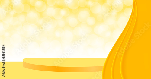 yellow pedestal stage 3d on bokeh and curtain, stage podium yellow with curtains for cosmetics product display show, pedestal stand deluxe for backdrop, stage pedestal for award and success concept