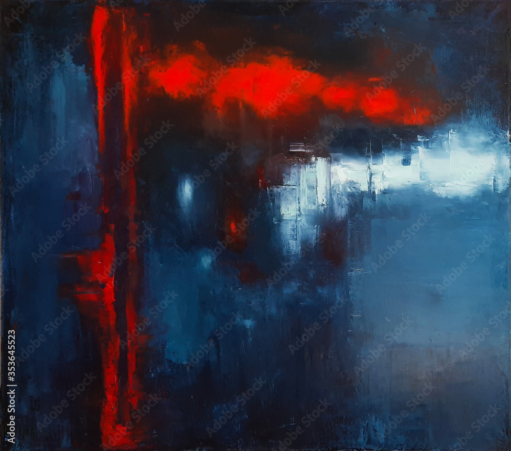 Abstract painting in deep blue, red and white colors. Original artwork, oil on canvas