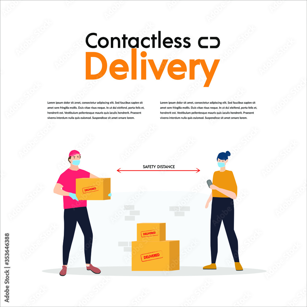 Contactless delivery concept illustration. Courier woman, man in protective mask and food bag with safe distance to protect form covid-19 or coronavirus. Flat vector illustration, isolated objects.
