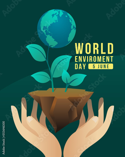 world environment day banner with hand hold care globe tree on earth ground vector design