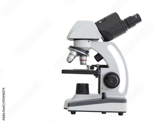 Microscope isolated on a white background and copy scape for text or more.