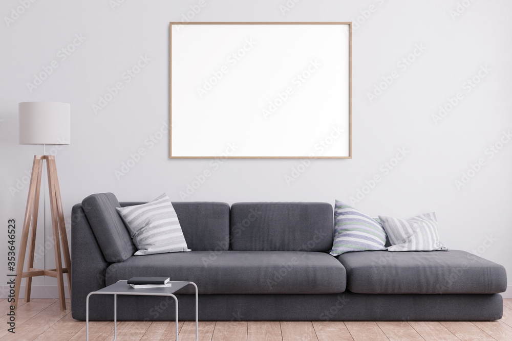 Mock up poster frame in interior background, living room, Scandinavian style, 3d render. 3D illustration. Mock up poster frame in interior background, living room, Scandinavian style, 3d render. 3D illustration.