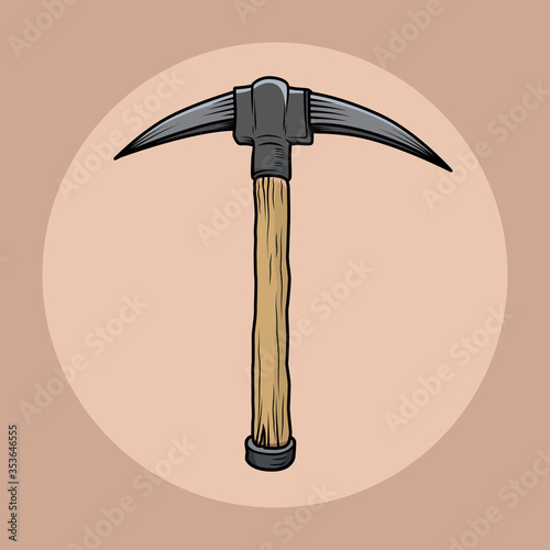 Vector pick icon. Cartoon pickaxe sticker.