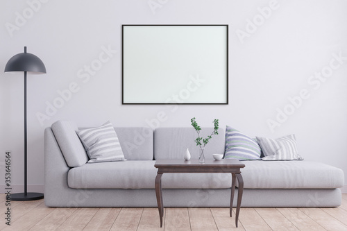 Mock up poster frame in interior background, living room, Scandinavian style, 3d render. 3D illustration.