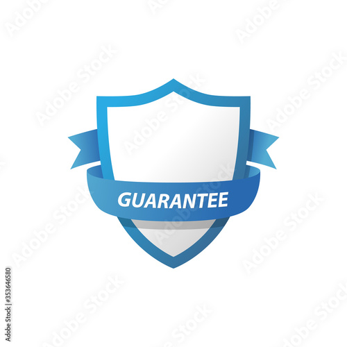 Guarantee shield icon with blue ribbon.