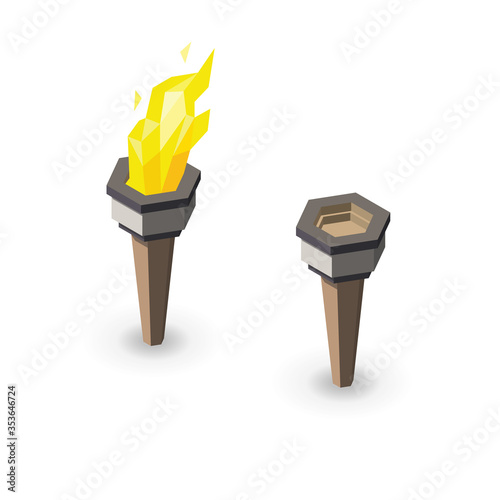 Vector isometric low poly fire torch.