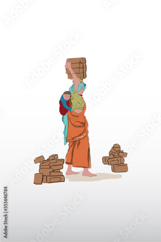 Labor mother carrying bricks on head and baby on back, Labour Mother, Labour Day, Women's Day, Mother's Day, International Day of Families, Indian Women.