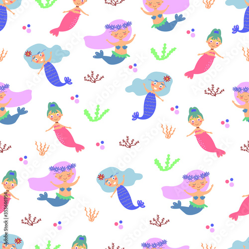 Seamless vector pattern with mermaids, seaweed. Cartoon mermaids on a white background.