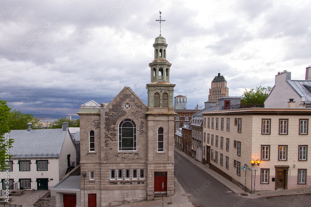 High angle view of the 1818 Jesuit Chapel on D’Auteuil street at the corner of Dauphine Street seen from the top of the Old Quebec walls, Quebec City, Quebec, Canada 