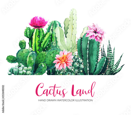 Horizontal banner with watercolor cactus and succulent plants