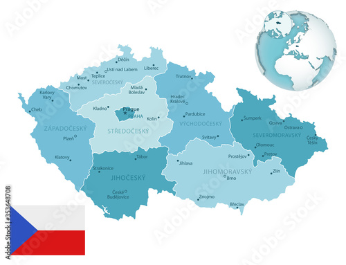 Czech Republic administrative blue-green map with country flag and location on a globe. Vector illustration