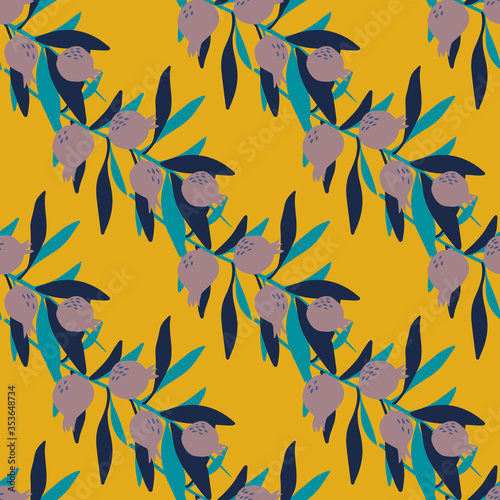 Seamless pattern with leaves and berries on yellow background. Floral wallpaper. Botanical print.