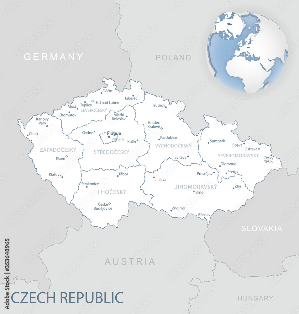 Blue-gray detailed map of Czech Republic administrative divisions and location on the globe. Vector illustration