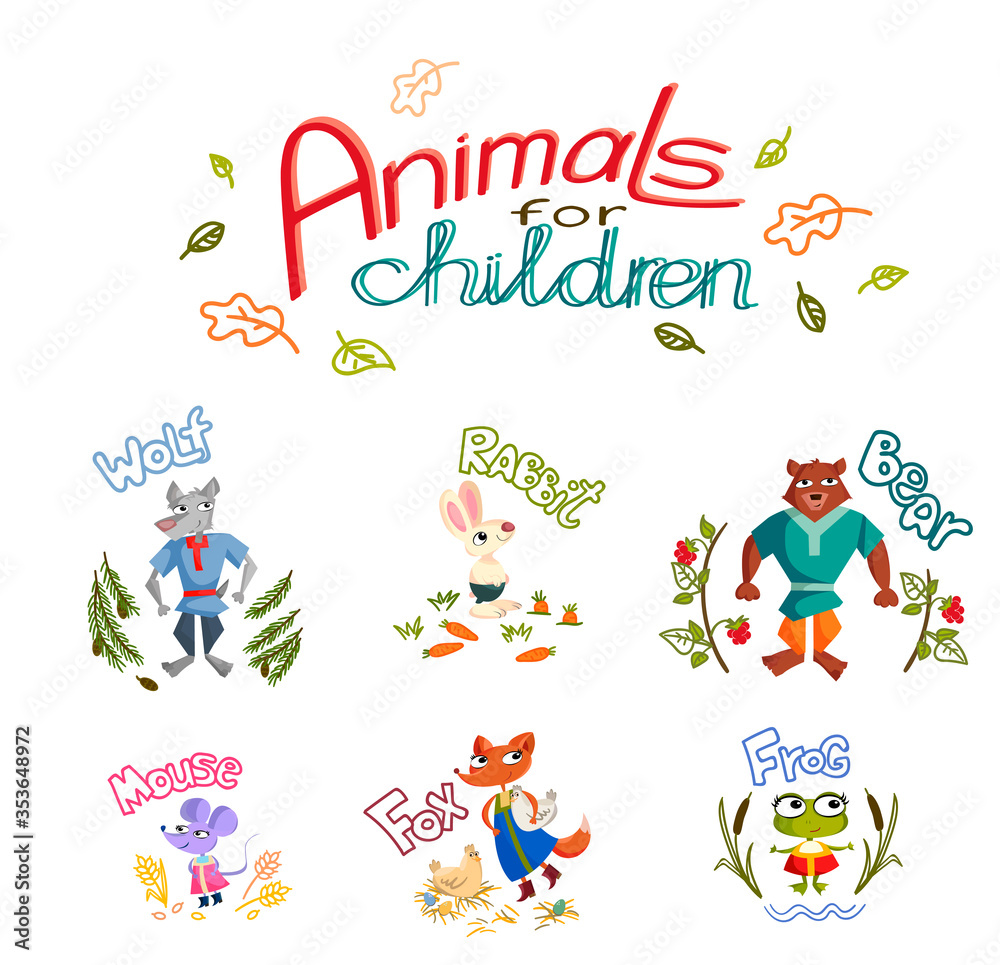 Forest animals with cute characters on a white background in isolation