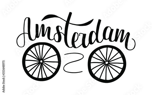 Vector illustration of word Amsterdam in black color with bicycle wheels icon for souvenir products, icon or emblem, screensaver for site, article and advertising. Hand drawn lettering