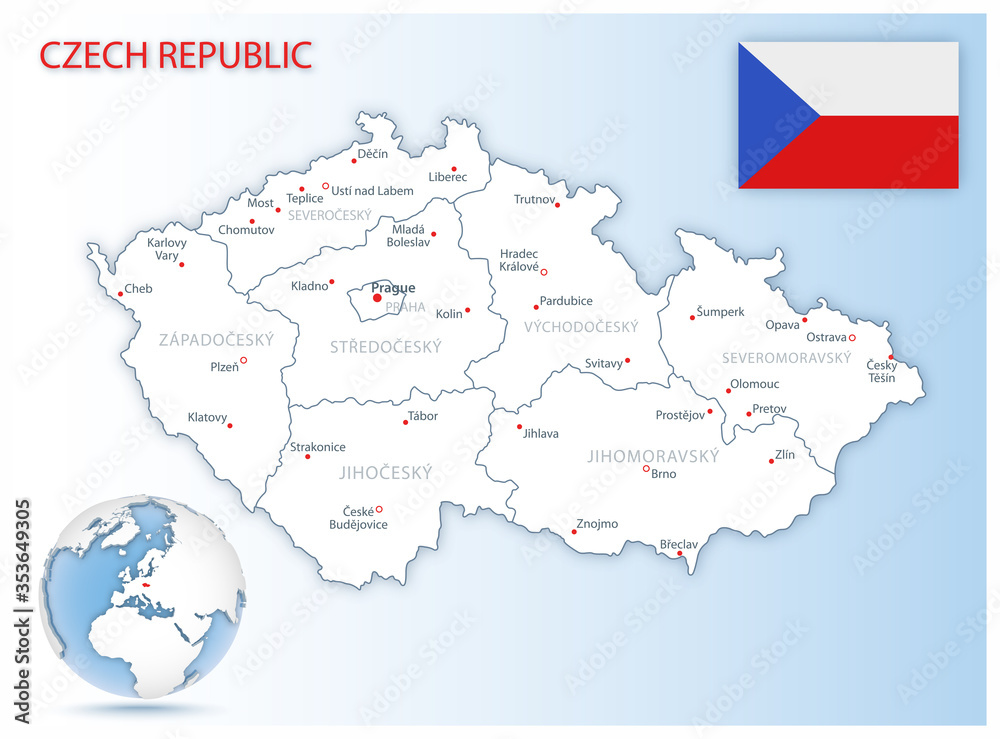 Detailed map of Czech Republic administrative divisions with country flag and location on the globe. Vector illustration