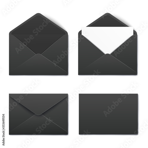 Mockup set of black opened and closed blank envelopes realistic style photo