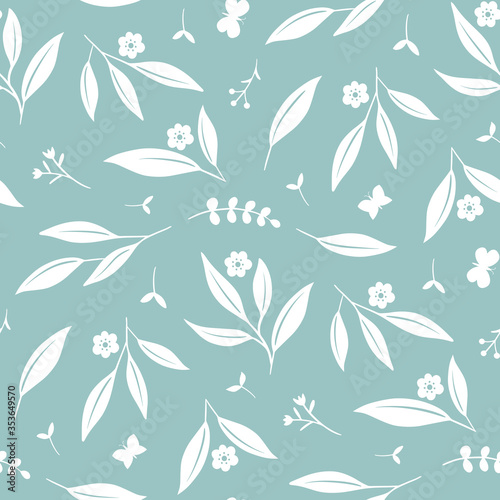 Pretty blue seamless pattern with leaves, flowers and butterflies