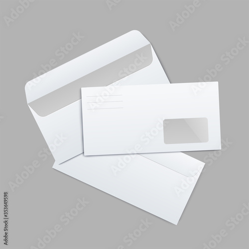 Mockup of three paper white DL envelopes lying on each other realistic style