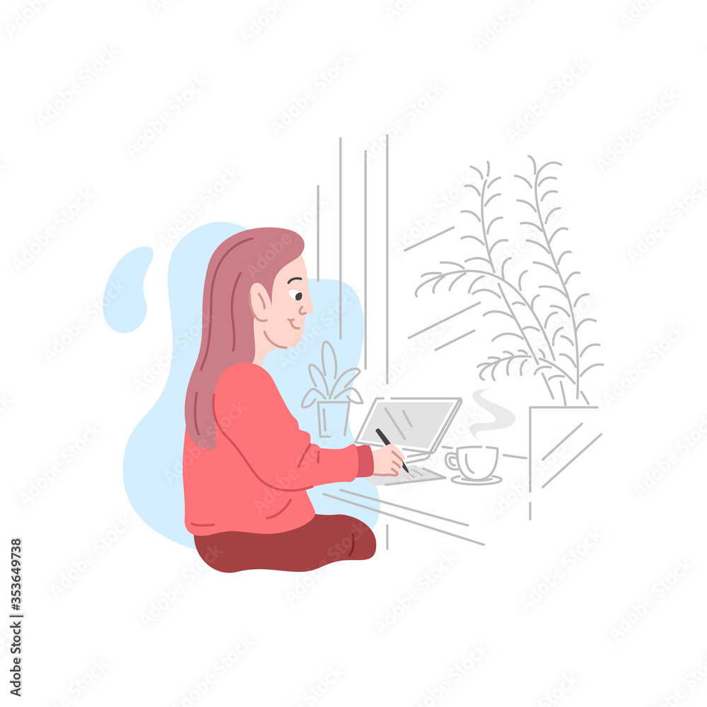 A WOMAN IS WORKING IN A CAFE WITH HER LAPTOP AND WRITING ON A PAPER. A WOMAN IS WORKING IN A CAFE WITH HER LAPTOP AND WRITING ON A PAPER.