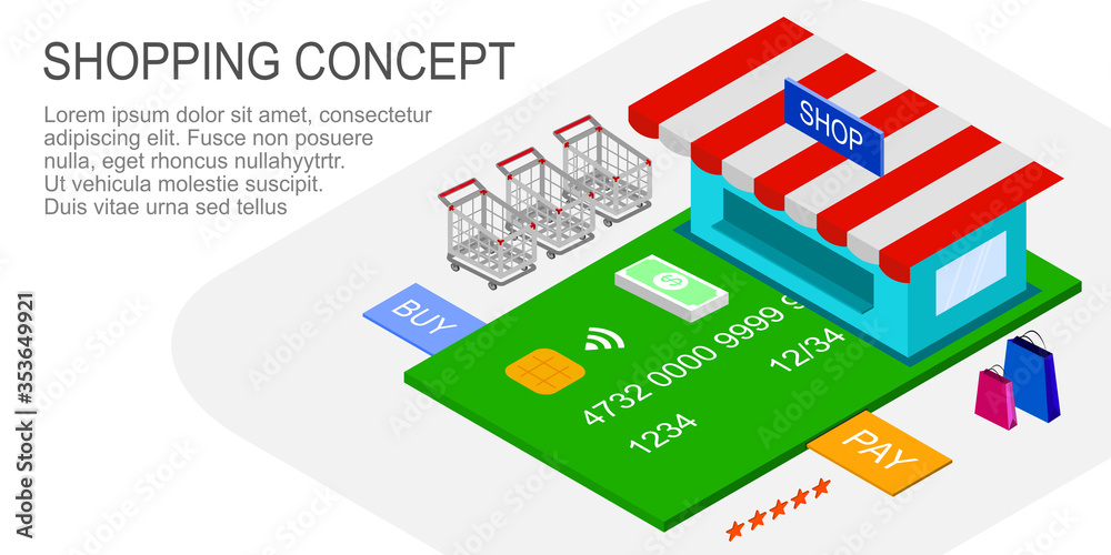 Shopping concept with shop, credit card and icon about shopping isolate on with. Panoramic copy space for text / Payment concept