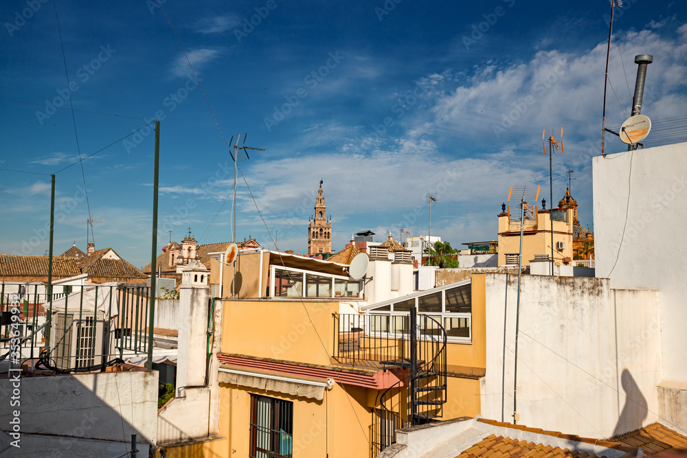 Panoramic view from a terrace of the city of Seville, Spain.