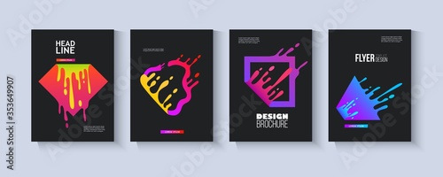Template set with colorful fluid geometric shapes splashing in motion flat style