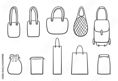 Different outline style bags big set isolated illustration on white background