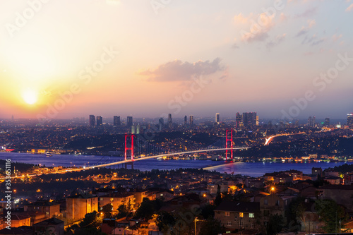 Istanbul evening skyline  view on the Bosphorus Bridge  Turkey
